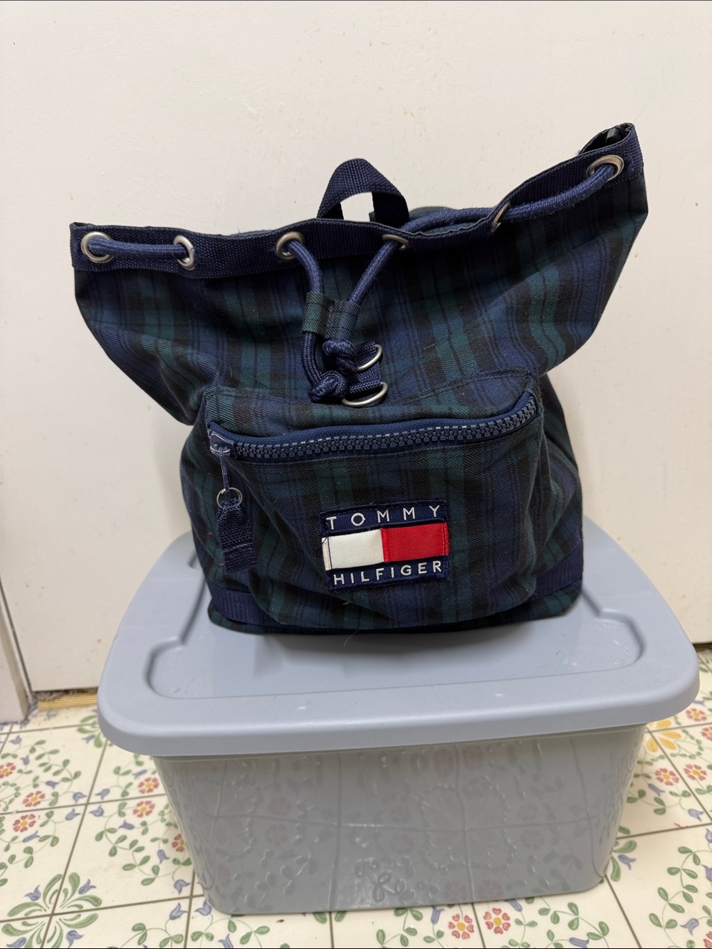 Tommy Hilfiger Green & Navy Plaid Drawstring Backpack